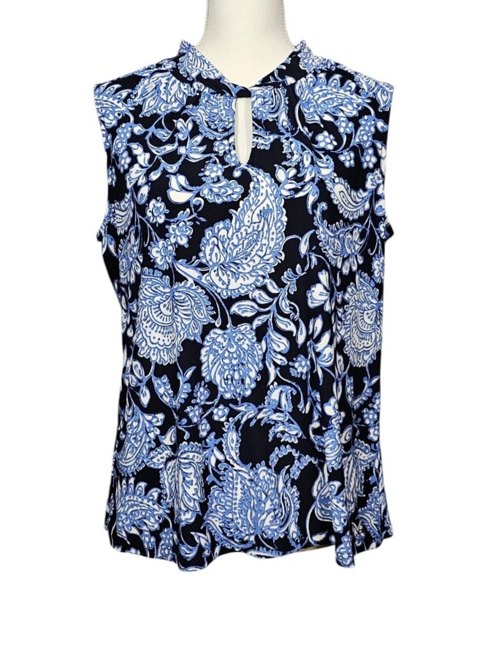 Tommy Hilfiger Floral Paisley Boho Sleeveless Twist Keyhole Blue Tank Top L